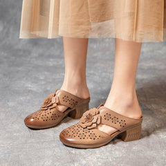 Women's Thick High Toe Box Summer Cowhide Heels