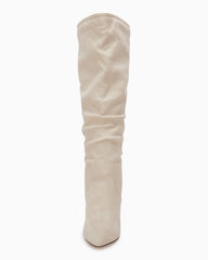 Suede Beige Slouchy Kitten Heel Wide Calf Boots