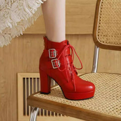 Petite Chunky Heel Platform Lace Up Short Boots TS84