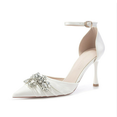 Petite Closed White Satin Heels For Small Feet FS56