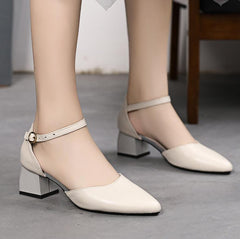 Petite Feet Block Low Heel Ankle Strap Leather Shoes DS176
