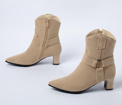 Petite Feet Pointy Chunky Mid Heel Suede Short Boots MS284