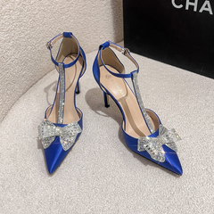 Petite Feet T Strap Satin Heels With Rhinestone Bow MS306