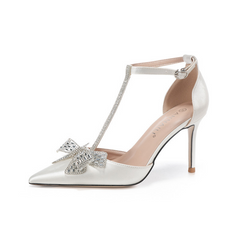 Petite Feet T Strap Satin Heels With Rhinestone Bow MS306