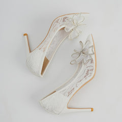 Petite Lace Mesh High Heels With Bow Tie GS16