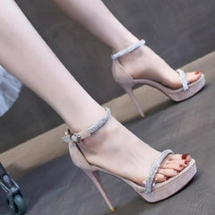 Petite Platform Suede High Heels With Rhinestone Strap TS19