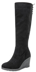 Black Suede Winter Fab Knee High Wedge Boots