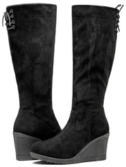Black Suede Winter Fab Knee High Wedge Boots