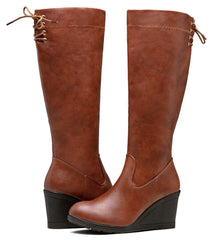 Brown Winter Fab Knee High Wedge Boots