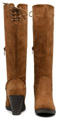 Camel Suede Winter Fab Knee High Wedge Boots