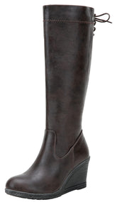 Coffee Winter Fab Knee High Wedge Boots