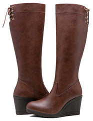 Cognac Winter Fab Knee High Wedge Boots