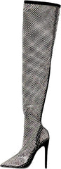 Black Mesh Over The Knee Rhinestone Sparkly Sequin Stiletto Boots