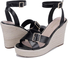 Black Chic Ankle Strap Open Toe Wedge Sandals