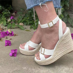 White Chic Ankle Strap Open Toe Wedge Sandals
