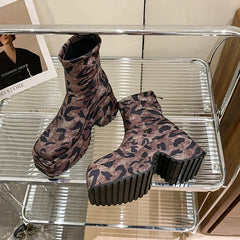 Punk Style Platform Women Ankle Boots Fashion Leopard Short Booties Vintage Thick Heels Ladies Shoes
