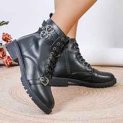 Black PU Leather Ankle Boots for Women 2024 Autumn Fashion Lace Up Size Zipper Short Boots Woman Metal Decor Low Heels Booties