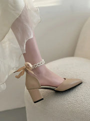 Beige Heeled Pump 2024 Women's Shoes Closed Toe Black High New Comfort Retro Block Pearl Clear Spring Girls Solid PU Pumps Co