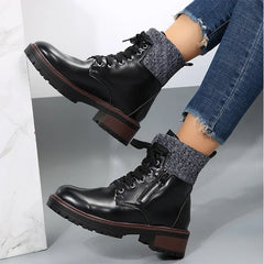 Autumn New Patent Leather Thick Heel Ankle Boots Womens Thickening Warm Western Boots Fashion Boots Woman Lace Up Botas
