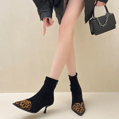 Leopard Women Ankle Boots Fashion Pointed Toe Short Booties Designer Thin High Heels Stripper Shoes Botas Mujer