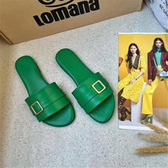 Women's Summer New Fashion Metal Belt Buckle Low Heel Outdoor Slippers Woman Soft Leather Flat Bottom Anti slip Beach Sandal