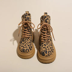 Vintage Leopard Print Women Motorcycle Boots Fashion Lace Up Square Heel Shoes Laides Concise Short Booties