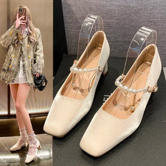New Fashion Chunky Heels Women's Square Toe Thick Heel Pearl Mid Heeled Pumps Shoes Mary Jane Slippers Sandals Zapatillas Mujer
