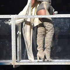 Women Sexy Side Zipper Thigh High Boots Female Belt Trousers Boots Ladies Flock Pointed Toe Suqare High Heels Boots