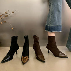 Leopard Women Ankle Boots Fashion Pointed Toe Short Booties Designer Thin High Heels Stripper Shoes Botas Mujer