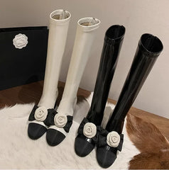 Flower Round Toe Knee High Boots Block Heels Mixed Color Patchwork Women Sexy Sweet Autumn Fashion Boots Casual Shoes