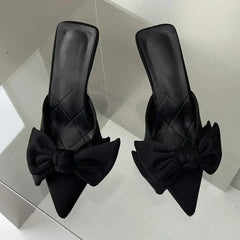 Autumn Big Butterfly-knot Women Slippers Sandals Shallow Pointed Toe Mules Stripper High Heel Pumps Ladies Shoes