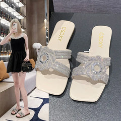Fashion Outdoor Women Slippers 2024 Luxury Designer Flat Heel Rhinestone Sandals High Quality Ladie Sequins Flat heel Slippers