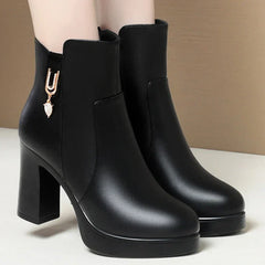 Autumn Winter Women Platform Shoes Warm Fleece Waterproof Short Leather Boots Luxury Black Super High Heel Ankle Boots