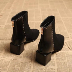 Rivets Middle Heel Short Boots Padded Autumn and Winter Hundred with Frosted High-heeled Winter Shoes Thick with Women's Boots
