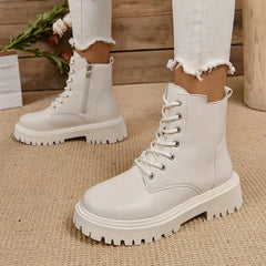 Classics Beige Black Lace Up Ankle Boots Women's Thicken Plush Winter Boots Pu Leather Side Zipper Square Heel Short Boots
