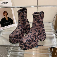 Punk Style Platform Women Ankle Boots Fashion Leopard Short Booties Vintage Thick Heels Ladies Shoes