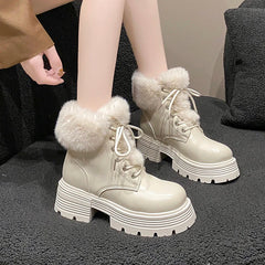 Winter Fluffy Fur Women Snow Boots Fashion Lace Up Short Booties Comfort Thick Heels Ladies Shoes