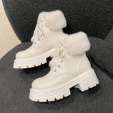 Winter Fluffy Fur Women Snow Boots Fashion Lace Up Short Booties Comfort Thick Heels Ladies Shoes