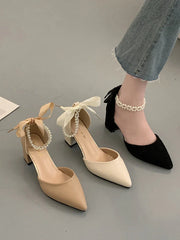 Beige Heeled Pump 2024 Women's Shoes Closed Toe Black High New Comfort Retro Block Pearl Clear Spring Girls Solid PU Pumps Co