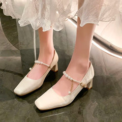 New Fashion Chunky Heels Women's Square Toe Thick Heel Pearl Mid Heeled Pumps Shoes Mary Jane Slippers Sandals Zapatillas Mujer