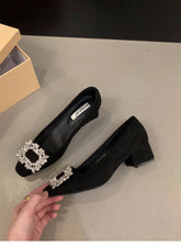 Shoes for Women 2024 New Slip on Women's Pumps Autumn Square Toe Solid Flock Brilliant Diamond Chunky Heels High Heel Pump Women