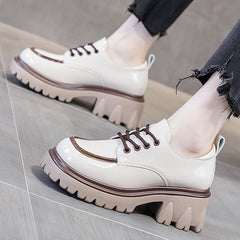 British Style Chunky Platform Pumps Women Spring Lace Up Thick Heels Loafers Woman Round Toe Patent Leather Shoes