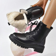 Classics Beige Black Lace Up Ankle Boots Women's Thicken Plush Winter Boots Pu Leather Side Zipper Square Heel Short Boots