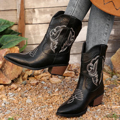 Black Embroidery Western Cowboy Boots Women Plus Size Thick Heels Ankle Boots Woman Pointed Toe Slip On Short Booties