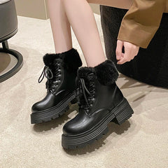 Winter Fluffy Fur Women Snow Boots Fashion Lace Up Short Booties Comfort Thick Heels Ladies Shoes