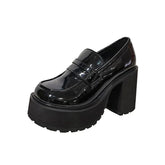 Chunky Platform Loafers Heel Patent Leather Slip On Casual Shoes Women Lady Office Shoes Japanese Lolita Black Heels