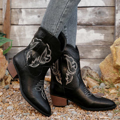 Black Embroidery Western Cowboy Boots Women Plus Size Thick Heels Ankle Boots Woman Pointed Toe Slip On Short Booties
