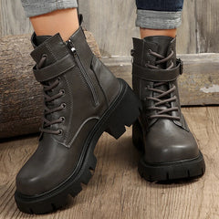 Belt Buckle Platform Combat Boots Women Chunky Heels Lace Up Ankle Boots Woman Side Zipper PU Leather Short Booties Plus Size 43