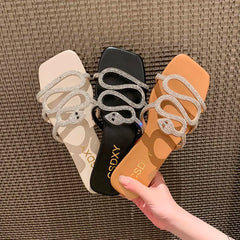 Summer Women Slides Flat Heels Slippers Fashion Rhinestone Design Ladies Lagre Size Flip Flop 2024 Outdoor Woman Shoes Sandals
