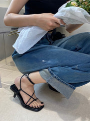 Cross Toe Hollow Out Shoes Office Lady Retro Thin Heels Sandals Casual Summer Beach Fashion Vintage Black Shoes Woman Korea